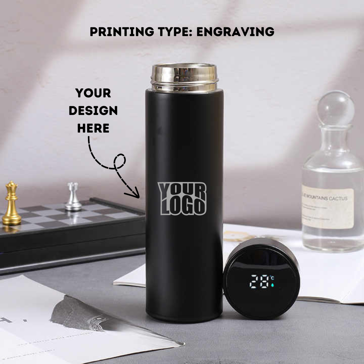 Personalized Black Temperature Water Bottle - Laser Engraved - For Return Gift, Corporate Gifting, Office or Personal Use