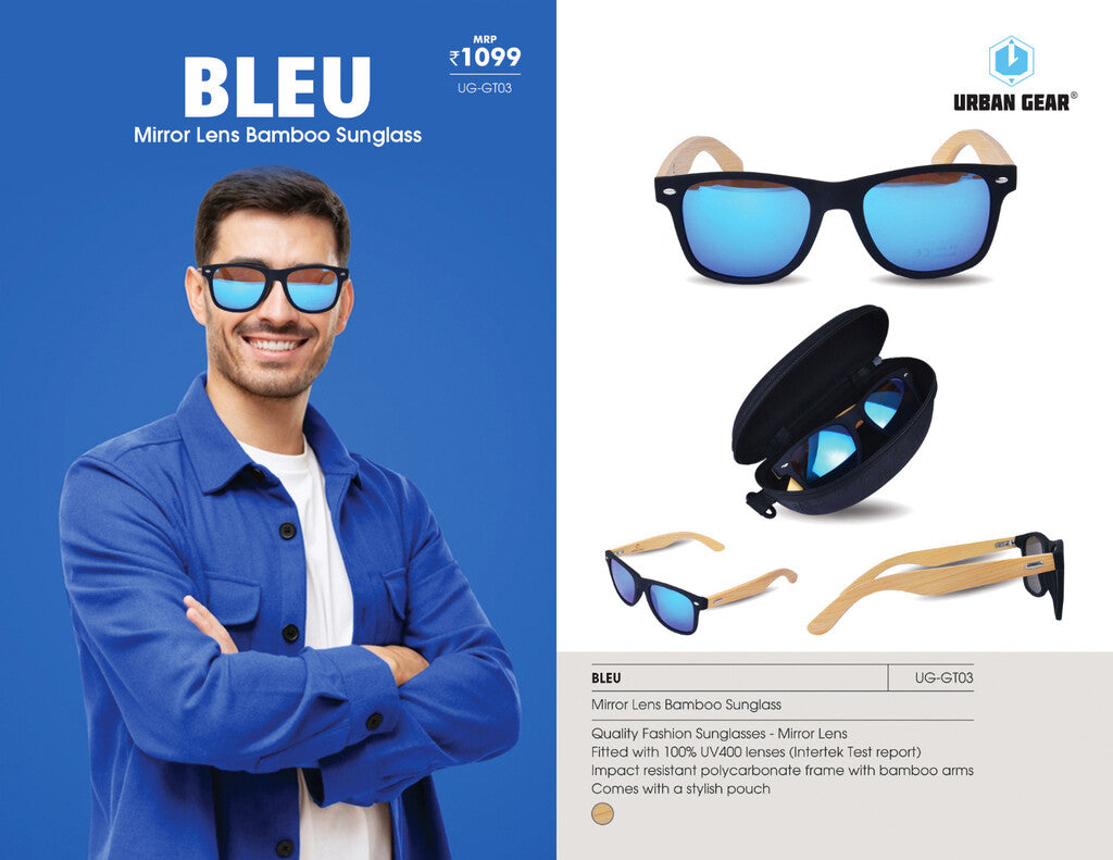 Personalized Blue Mirror UV400 Lens Bamboo Sunglass - For Corporate Gifting, Event Freebies, Exhibition Gifting, Promotional Item - LO-GT03