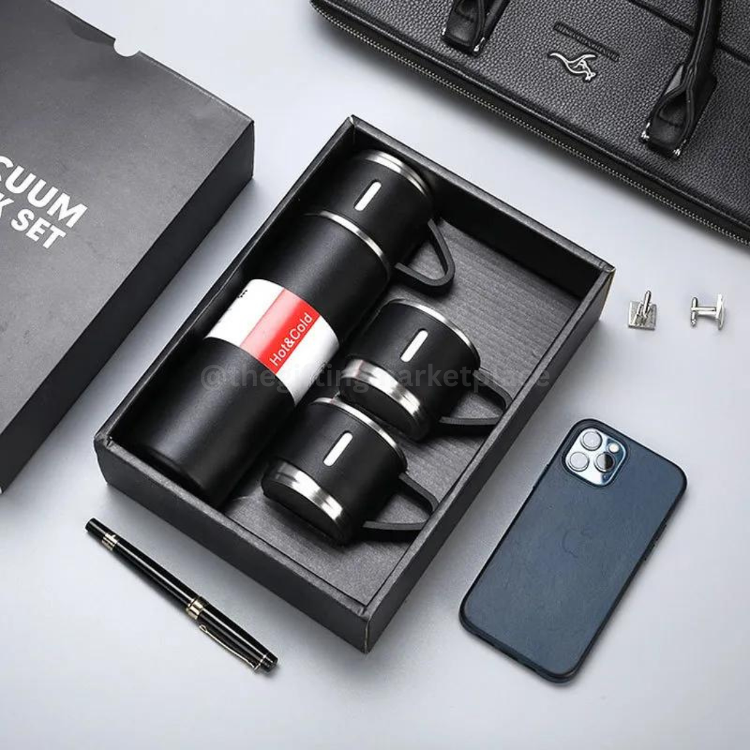 Black Steel Vacuum Flask Set with 3 Steel Cups Combo - For Corporate Gifting, Return Gift, Event Freebies and Promotions