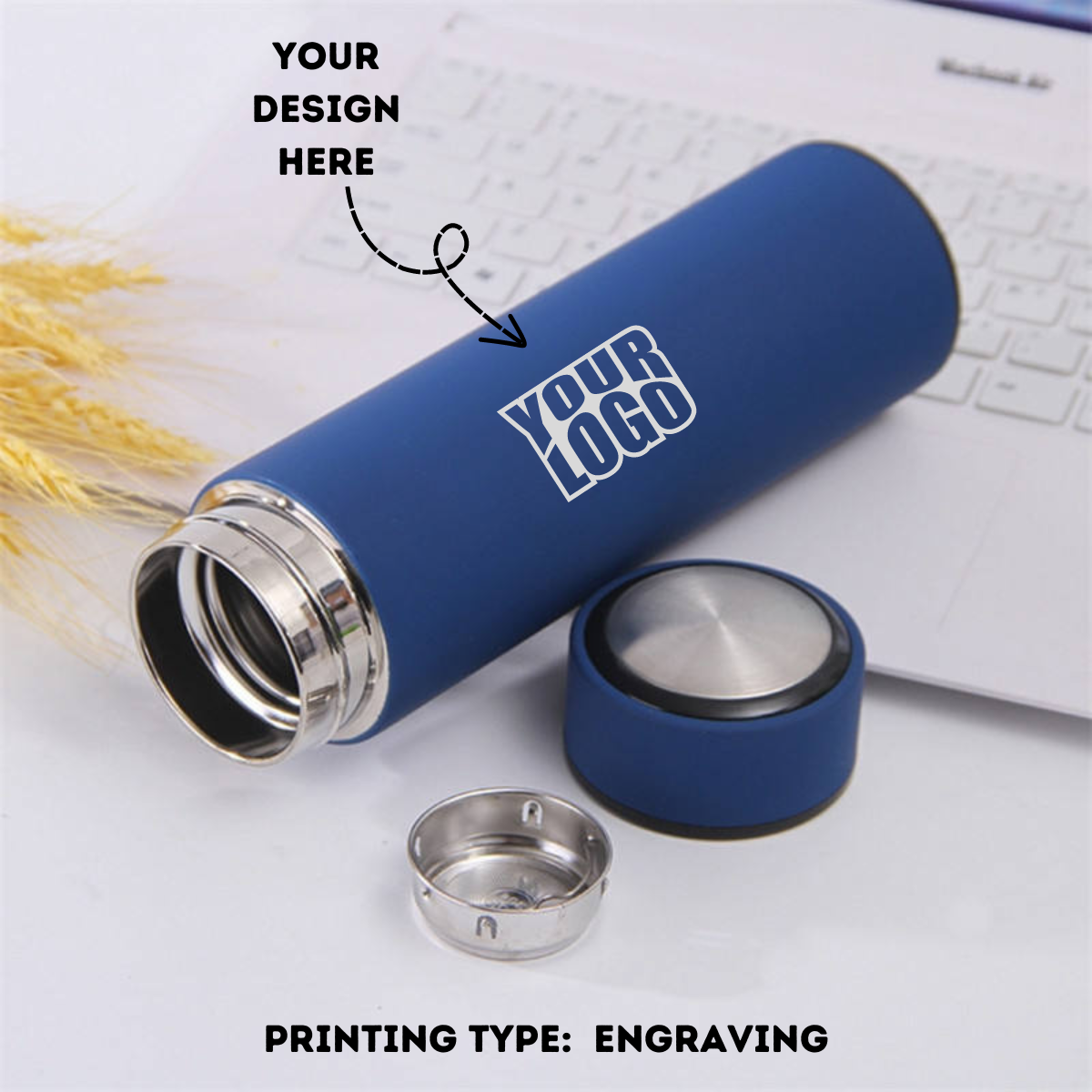 Personalized Blue Non-Temperature Insulated Steel Water Bottle Laser Engraved - 500ml - For Corporate Gifting, Event Gifting, Freebies, Promotions