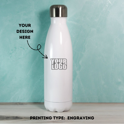 White Insulated Steel Cola Shape Water Bottle Laser Engraved - 500ml - For Return Gift, Corporate Gifting, Office or Personal Use