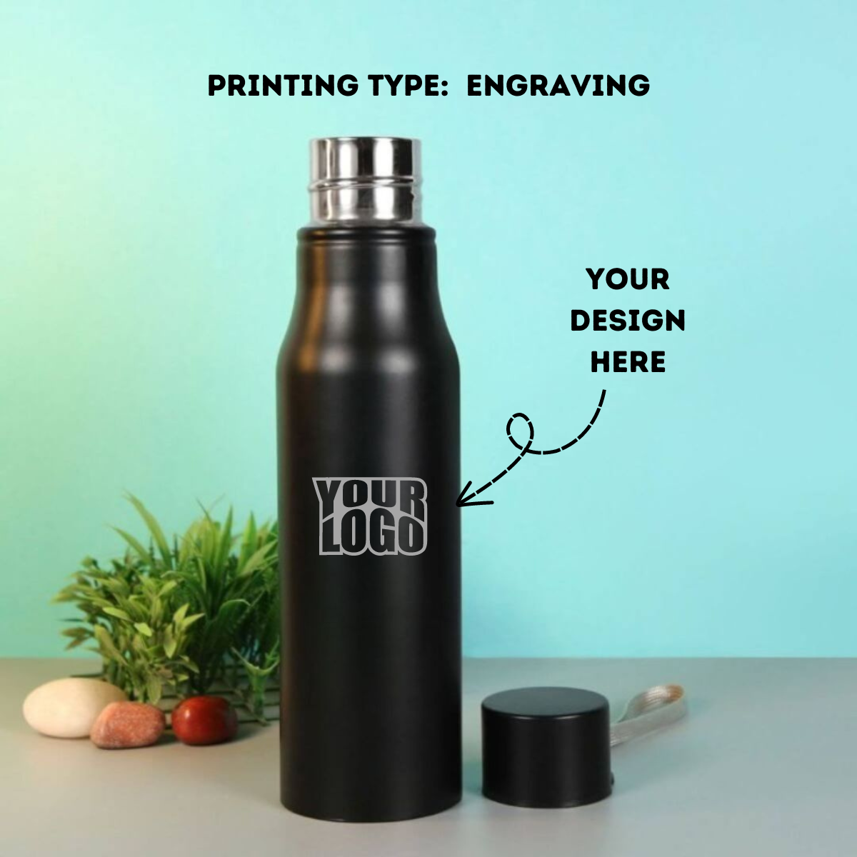 Personalized Premium Black Stainless Steel Water Bottle Laser Engraved - 750ml  - For Return Gift, Corporate Gifting, Office or Personal Use