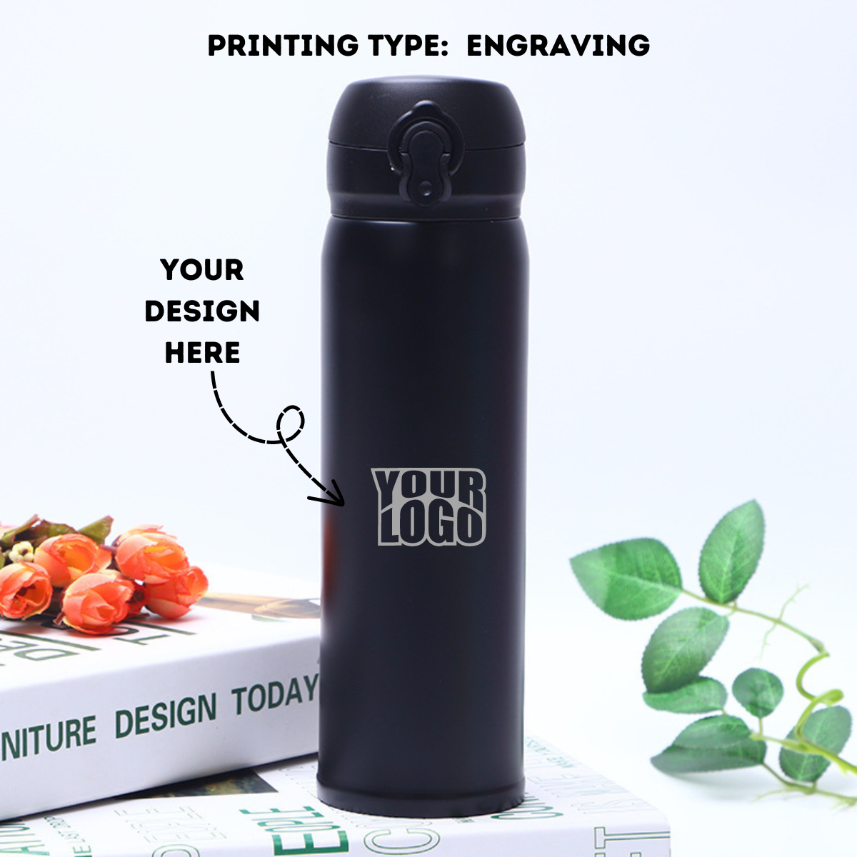 Personalized Engraved BPA Free Black Steel Vacuum Flask - 500ml - For Return Gift, Corporate Gifting, Office or Personal Use