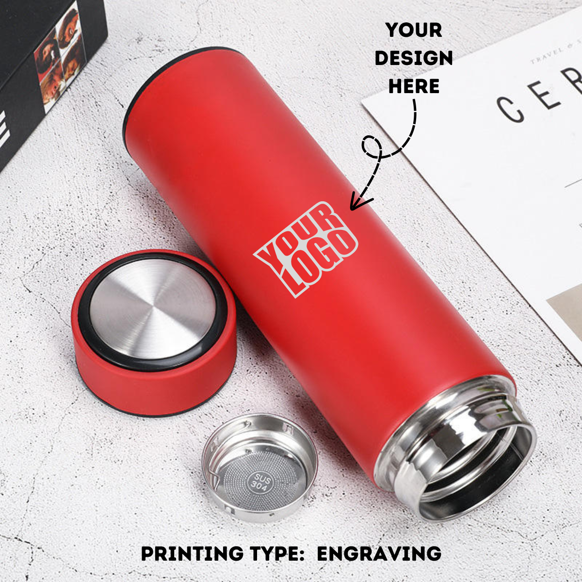 Personalized Red Non-Temperature Insulated Steel Water Bottle Laser Engraved - 500ml - For Return Gift, Corporate Gifting, Office or Personal Use