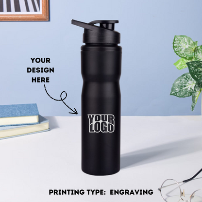 Black Steel Sports Sipper Water Bottle Laser Engraved - 750ml - For Corporate Gifting, Return Gift, Event Freebies and Promotions