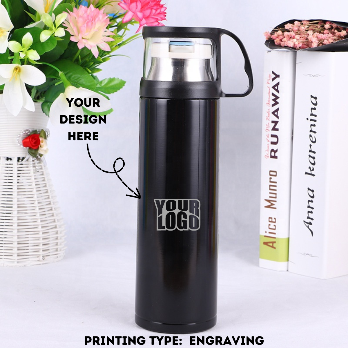 Black Vacuum Thermose Cup with Handle Laser Engraved - 500ml