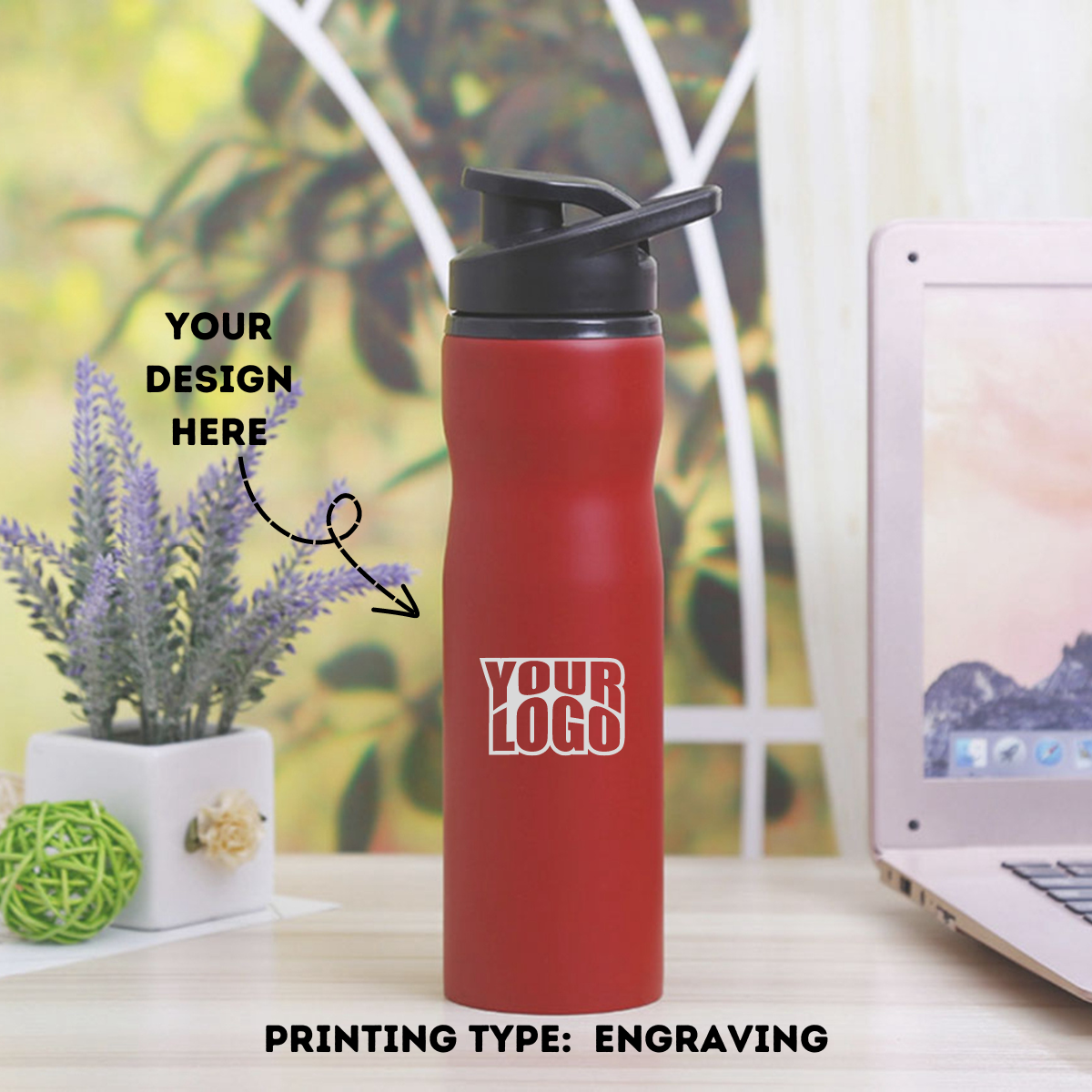 Red Steel Sports Sipper Water Bottle Laser Engraved - 750ml - For Return Gift, Corporate Gifting, Office or Personal Use