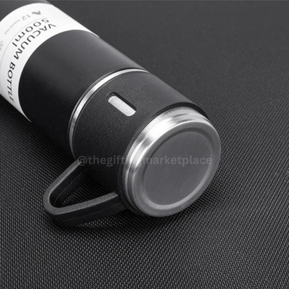 Black Steel Vacuum Flask Set with 3 Steel Cups Combo - For Corporate Gifting, Return Gift, Event Freebies and Promotions