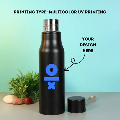 Personalized Premium Black Stainless Steel Water Bottle Multicolor UV Printed - 750ml - For Return Gift, Corporate Gifting, Office or Personal Use