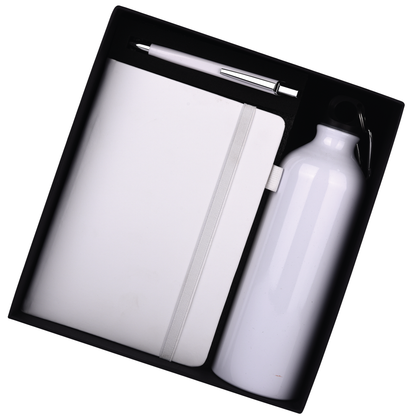 White 3 in 1 Black Combo Gift Set Bottle, Pen, and Notebook - For Employee Joining Kit, Corporate, Client or Dealer Gifting HK37310