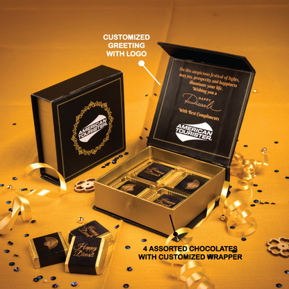 Customized Logo Chocolate Wrapper with Diwali Greeting Message 4 Chocolate Combo Gift Set - For Employees, Dealers, Customers, Stakeholders, Personal or Corporate Diwali Gifting