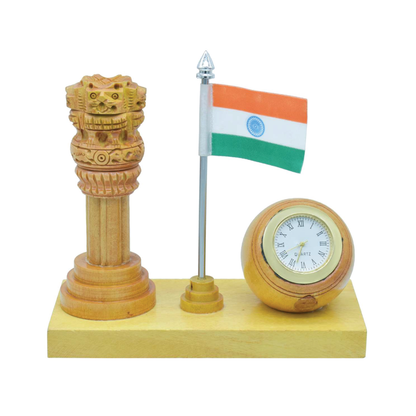 Ashoka Pillar with Clock and Indian Flag Table Top - For Corporate Gifting, Return Gift, Office, School, College Use, Independence Day, Republic Day Gift Item