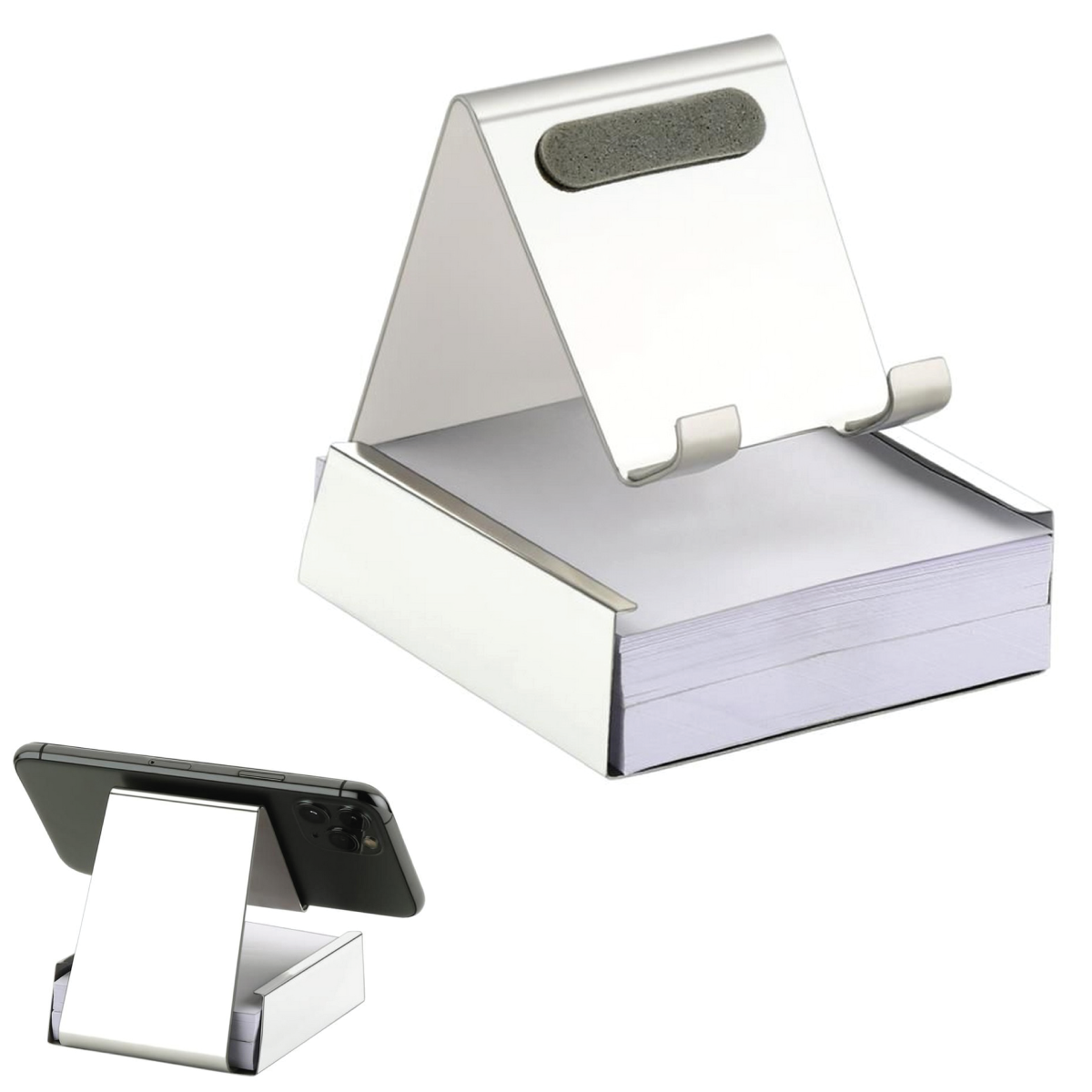 Silver Metal Mirror Finish Universal Mobile Phone Holder Stand with Writing Pad - For Personal, Corporate Gifting, Return Gift, Event Gifting, Promotional Freebies JAR-1106