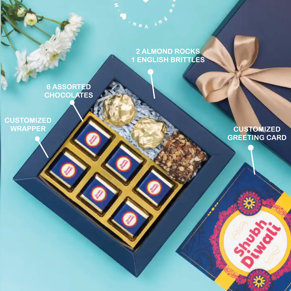 Customized Chocolate Wrapper with Greeting Message Chocolates, English Brittle, and Almond Rocks Combo Gift Set - For Employees, Dealers, Customers, Stakeholders, Personal or Corporate Diwali Gifting CV24