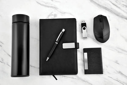 Black 6in1 Combo Gift Set Wireless Mouse, Pen, 32 GB USB Pen Drive, Notebook Diary, Cardholder, and Temperature Bottle - For Employee Joining Kit, Corporate, Client or Dealer Gifting JKSR181