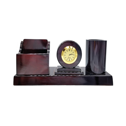 Wooden Pen Stand with Mobile Holder and Clock - For Corporate Gifting, Office, School, College Use JAJP82