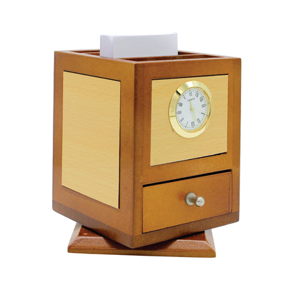 Brown Wooden Revolving Pen Stand With Watch - For Corporate Gifting, Events Promotional Freebie JAJP37