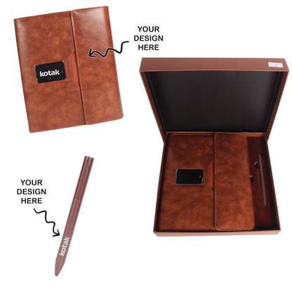 Engraved 2 in 1 Brown Leather Finished 8000mAh Power Bank Diary With Pen Logo Glow Combo Gift Set - For Employee Joining Kit, Client, Dealer Gifting, Corporate Gifting or Return Gift HK10246