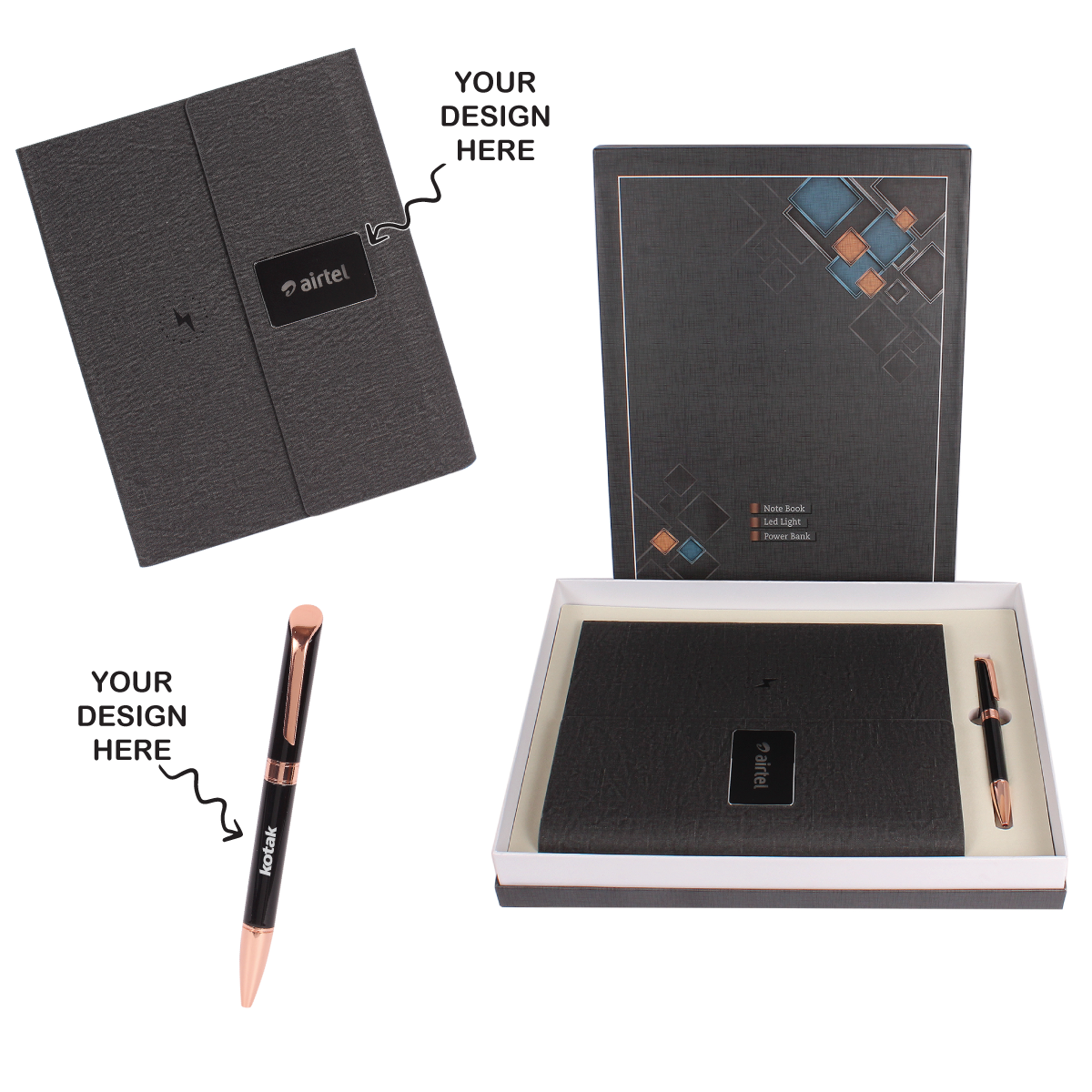 Engraved 2 in 1 Grey 10000mAh Power Bank Notebook Diary with Pen Logo Glow Combo Gift Set - For Employee Joining Kit, Client, Dealer Gifting, Corporate Gifting or Return Gift HK10247