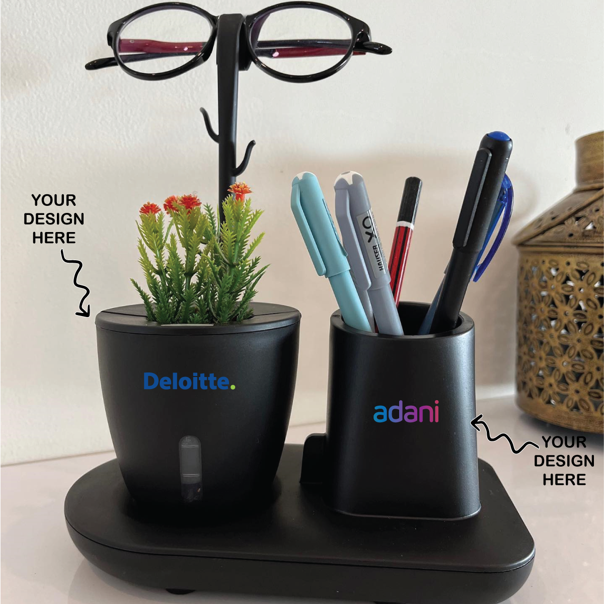 Personalized Multifunctional Desk Organizer, Pen, Glass, Keychain, and Stationery Holder cum Self-Watering Planter - For Corporate Gifting, Birthday Gift, Return Gift, Thoughtful Gifting