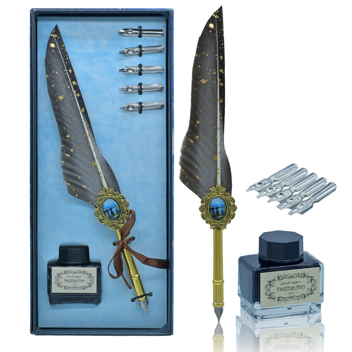 Golden Feather Fountain Pen Gift Set with Blue Diamond - For Return Gift, Office Use, Personal Use, or Corporate Gifting JAGSFP-D
