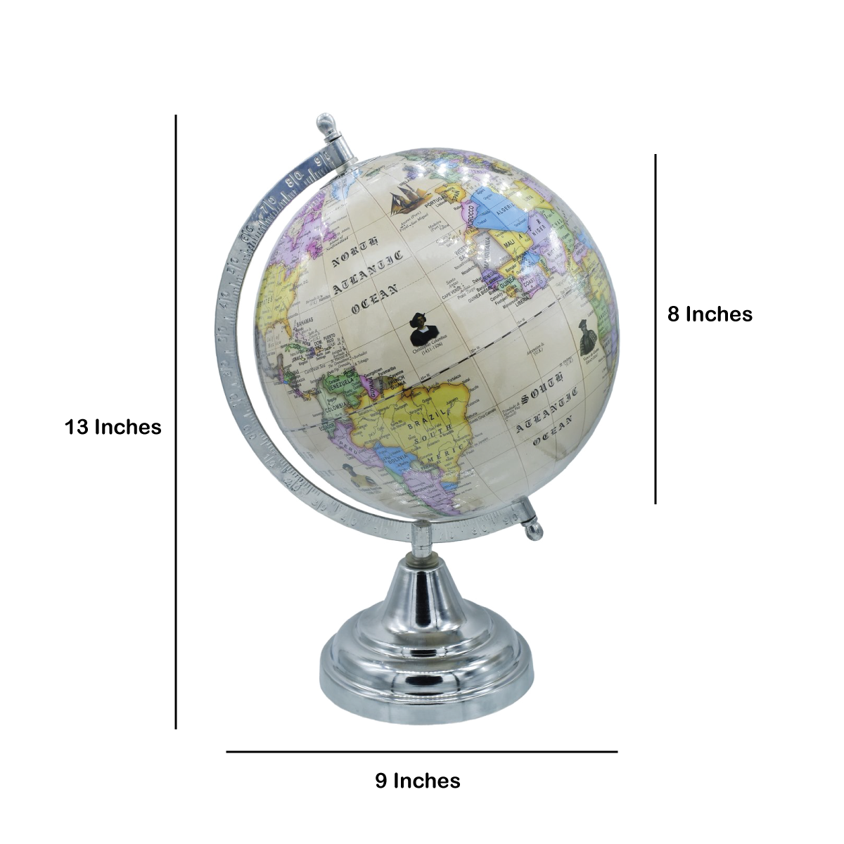 Silver Base 8 Inch Antique World Globe Table Top - For Shops, Schools, Corporates, Office Use, Corporate Gifting