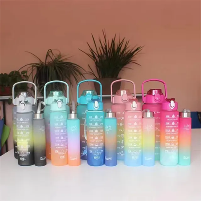 3in1 Gradient Color Motivational Bottle Drinking Water Bottle Combo - 2000ml, 900ml, & 300ml - For Corporate Gifting, Sports Event Gifting