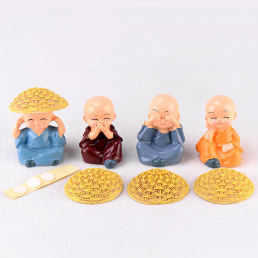 Set of 4 Cute Creative Little Monk Miniature Figurine Showpiece - Feng Shui Decoration - For Personal Gifting, Corporate Gifting, Return Gift