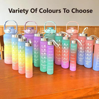 3in1 Gradient Color Motivational Bottle Drinking Water Bottle Combo - 2000ml, 900ml, & 300ml - For Corporate Gifting, Sports Event Gifting