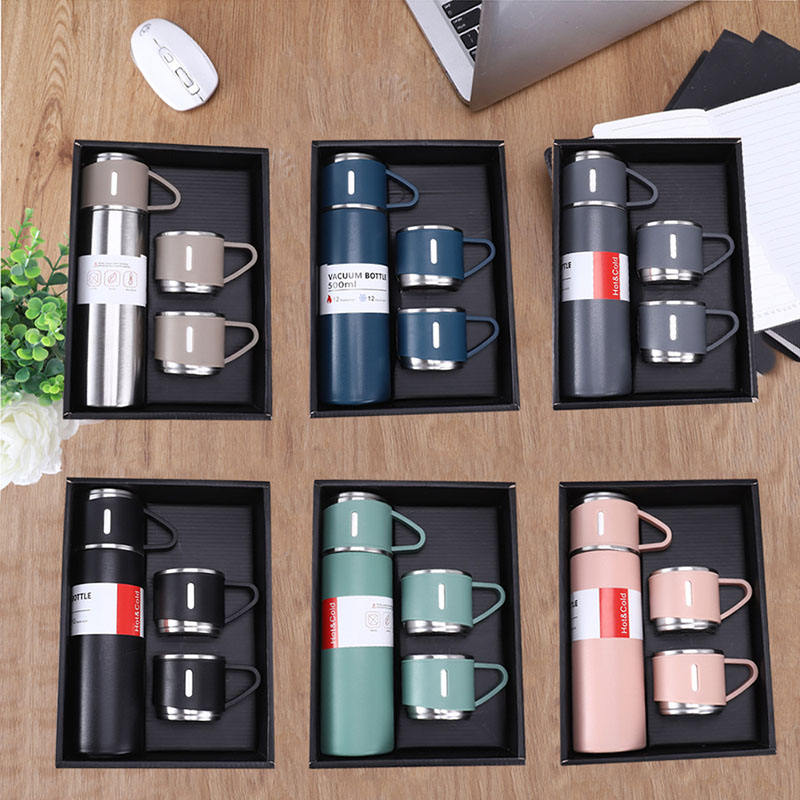 Steel Vacuum Flask Set with 3 Steel Cups Combo - Assorted Mix Colors - For Return Gift, Corporate Gifting, Office or Personal Use