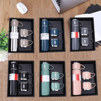 Steel Vacuum Flask Set with 3 Steel Cups Combo - Assorted Mix Colors - For Return Gift, Corporate Gifting, Office or Personal Use