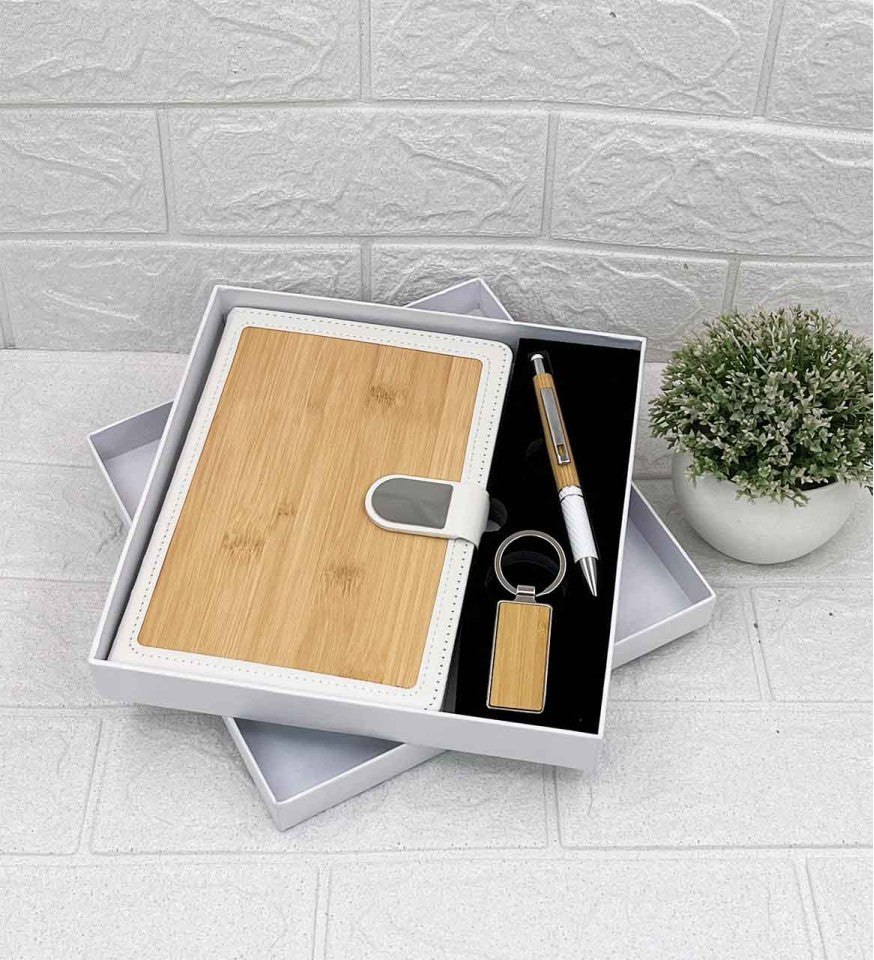 Wooden Gift Set 3in1 Notebook Diary, Keychain, and Pen - For Employee Joining Kit, Corporate, Client or Dealer Gifting H960