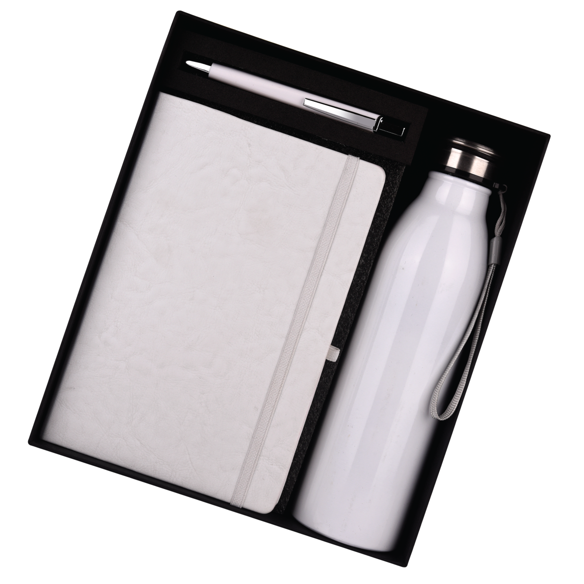 White 3 in 1 Black Combo Gift Set Bottle, Pen, and Notebook - For Employee Joining Kit, Corporate, Client or Dealer Gifting HK37337