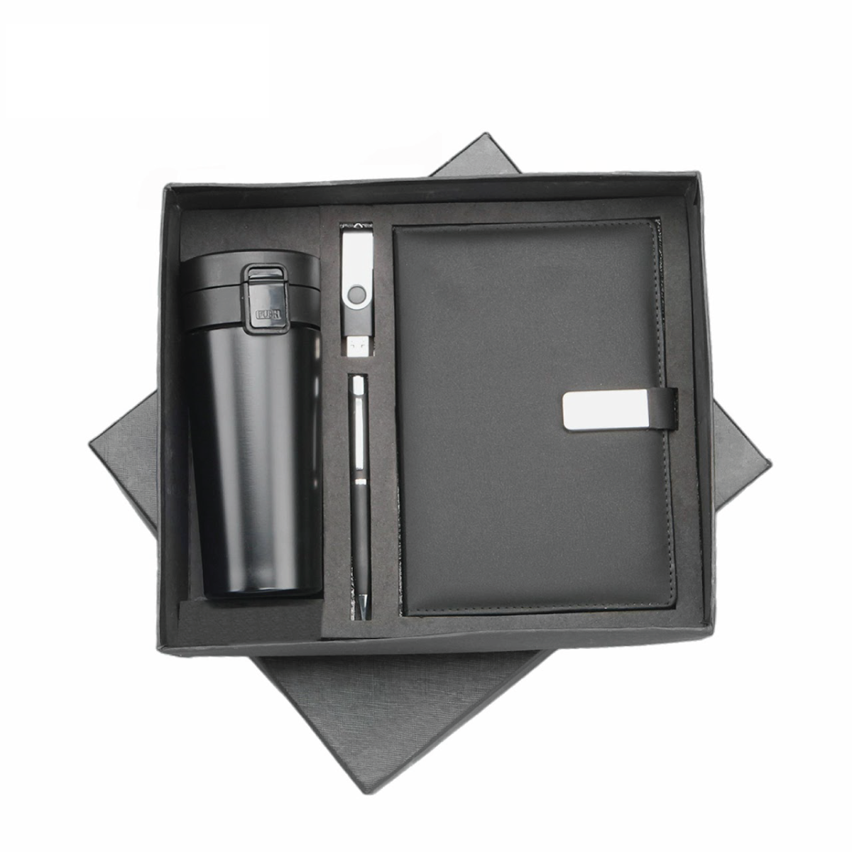 Black 4in1 Combo Gift Set 32 GB Pen Drive, Notebook Diary, Tumbler, & Pen - For Employee Joining Kit, Corporate, Client or Dealer Gifting JKSR199