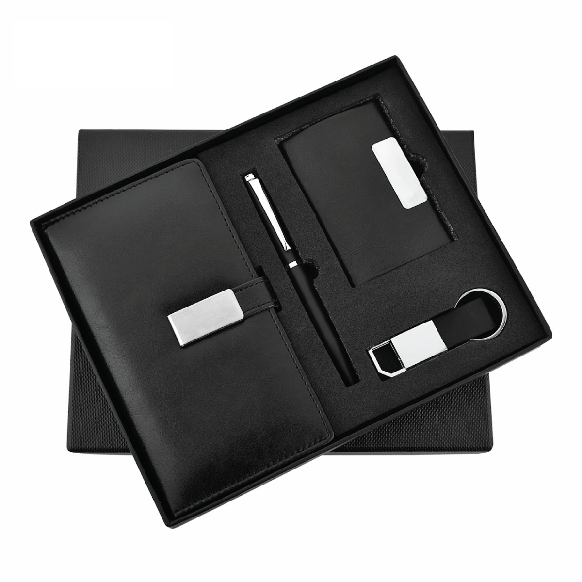 Black 4in1 Combo Gift Set A6 Notebook Diary, Cardholder, Pen and Keychain - For Employee Joining Kit, Corporate Gifting, Return Gift, Exhibition Freebies, Event Gifting JKSR202