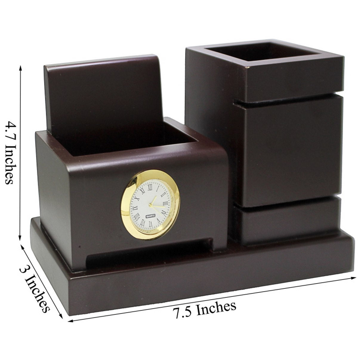 Dark Brown Multipurpose Wooden Pen Stand with Clock - For Corporate Gifting, Events Promotional Freebie JAJP32