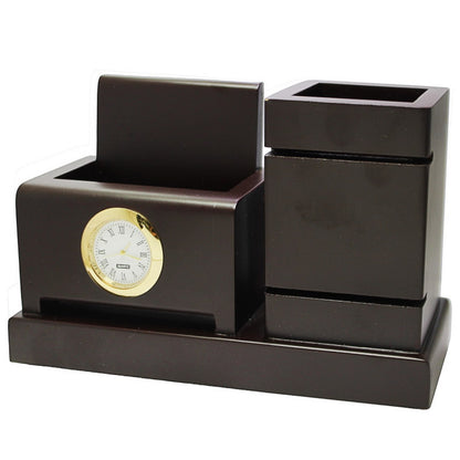 Dark Brown Multipurpose Wooden Pen Stand with Clock - For Corporate Gifting, Events Promotional Freebie JAJP32