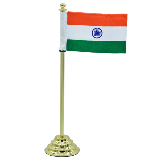 Office Desktop Indian Flag Table Top Golden 7.5 Inch - Independence Day Office Gift Item