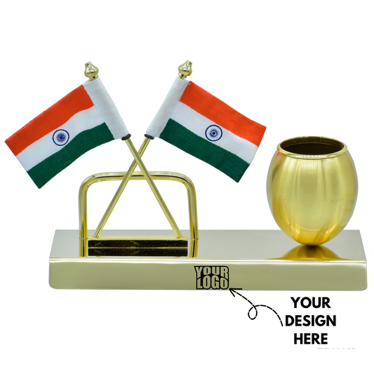 Personalized Engraved Desktop Indian Flag With Pen Stand and Visiting Card Holder - Independence Day Premium Gift Item