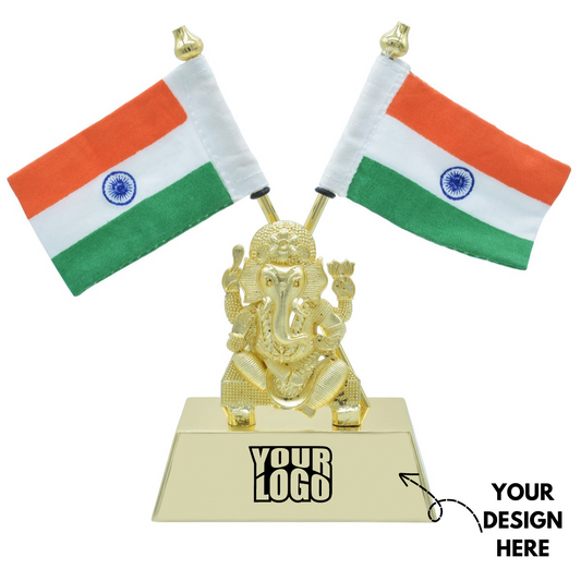 Personalized Engraved Table Top Ganesh Idol With Indian Flag Gold - Independence Day Gift for Employees