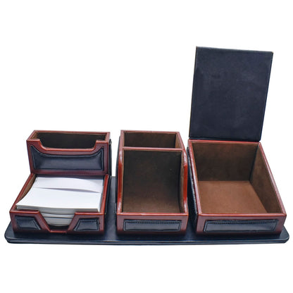 Dual Tone Multipurpose Premium Leather Table Stationery Organizer Combo Set with Clock - For Office Use, Personal Use, Corporate Gifting, Return Gift JAPF-9787BK
