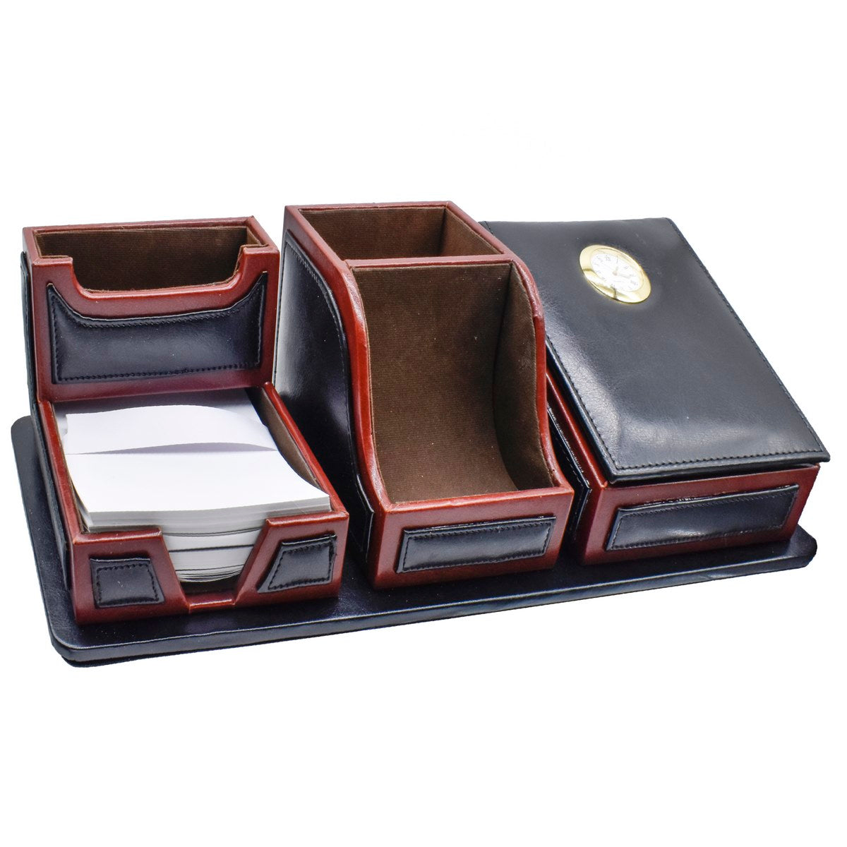 Dual Tone Multipurpose Premium Leather Table Stationery Organizer Combo Set with Clock - For Office Use, Personal Use, Corporate Gifting, Return Gift JAPF-9787BK