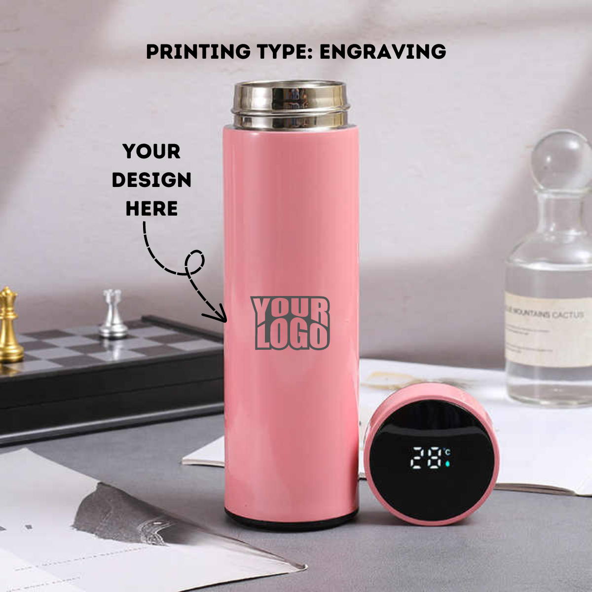 Personalized Pink Temperature Water Bottle - Laser Engraved - For Return Gift, Corporate Gifting, Office or Personal Use