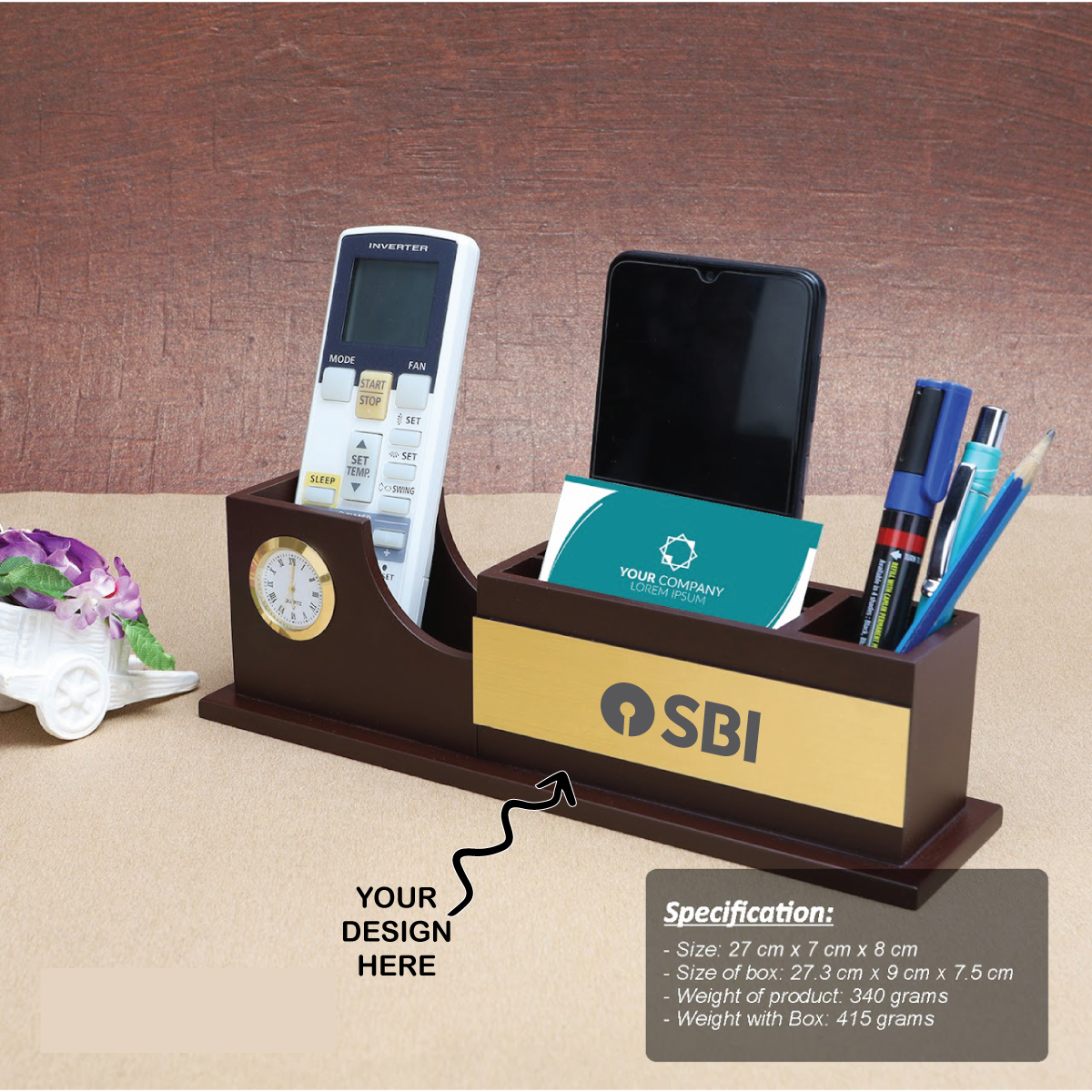 Personalized Engraved Wooden Stationery cum Pen Stand with Clock - For Corporate Gifting, Event or Exhibition Freebies, Promotions, Festival Office Gifting JKWD05