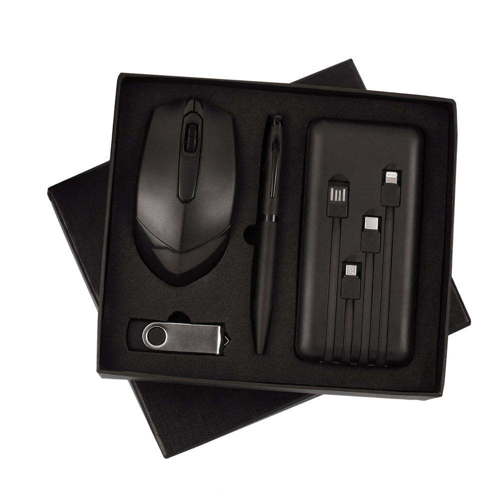 Black 4in1 Combo Gift Set 10000mAh Power Bank, 32 GB Pen Drive, Wireless Mouse & Pen - For Employee Joining Kit, Corporate, Client or Dealer Gifting JKSR187
