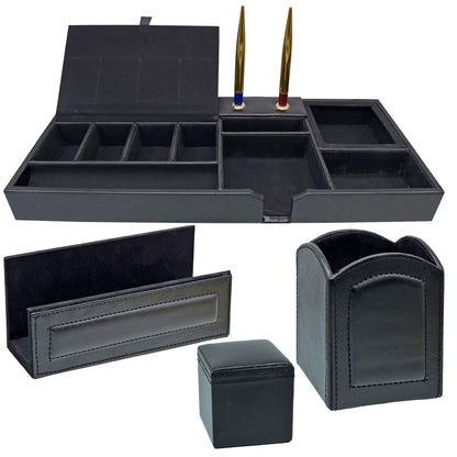 Black Spacious Premium Leather Table Stationery Organizer Combo Set - For Office Use, Personal Use, Corporate Gifting, Return Gift JATSSB00