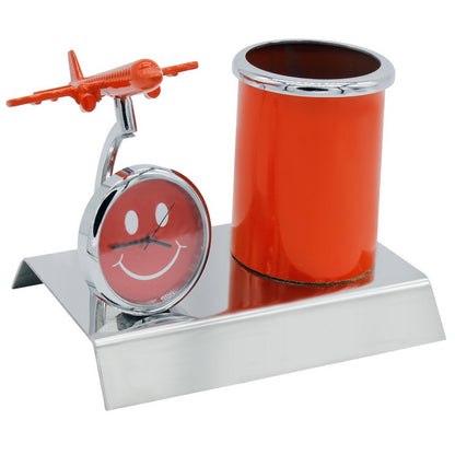 Air Craft Smiley Pen Stand With Clock - For Corporate Gifting, Events Promotional Freebie, Return Gift - JA