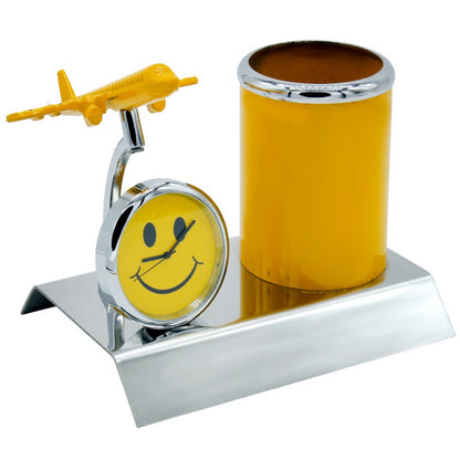 Air Craft Smiley Pen Stand With Clock - For Corporate Gifting, Events Promotional Freebie, Return Gift