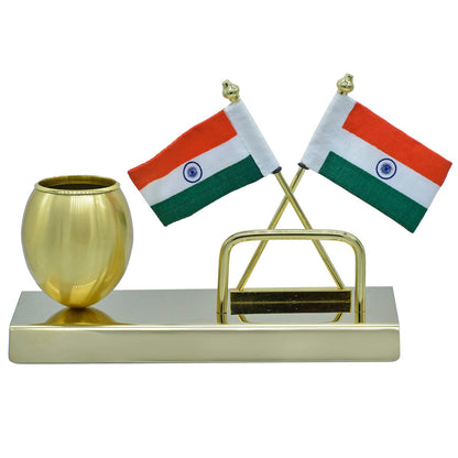 Personalized Engraved Desktop Indian Flag With Pen Stand and Visiting Card Holder - Independence Day Corporate Gift Item JATT666GD