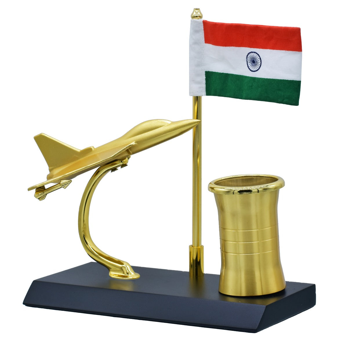 Golden Table Top Desktop Indian Flag With Air Craft and Pen Stand - For Independence Day Gift, Republic Day Gift, Corporate Gifts for Employees, Dealers, Customers, Stakeholders JATT668GD